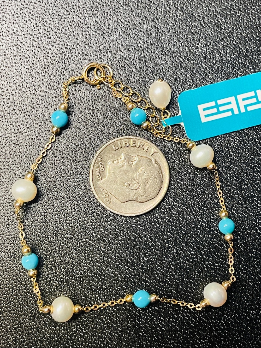 Effy Solid, Genuine 14K Turquoise & Freshwater Pearl Bracelet, Yellow Gold. NWT.